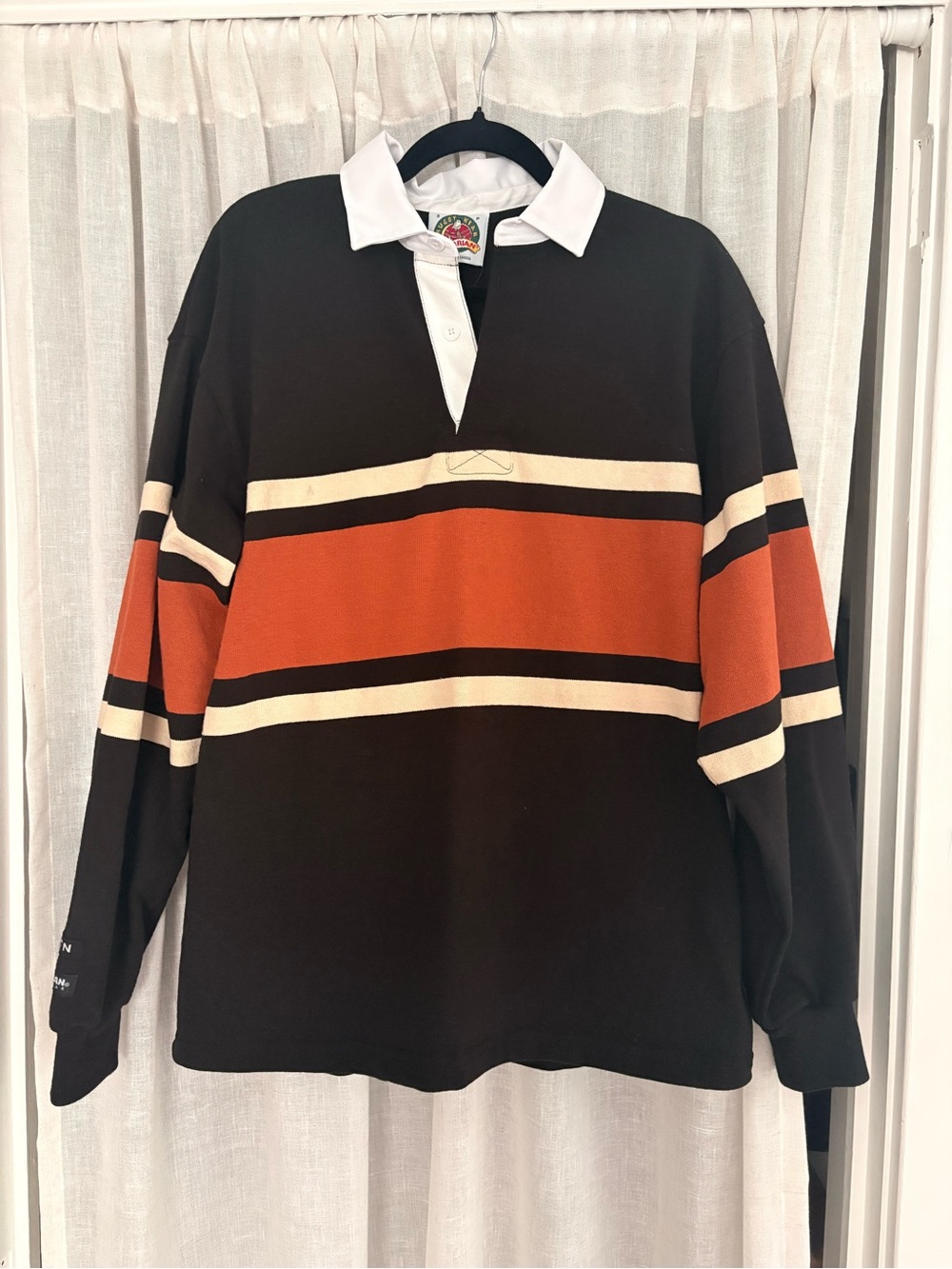 KOTN Black Long Sleeve Rugby Top with Rust and Cream Stripes - Picture 5 of 7